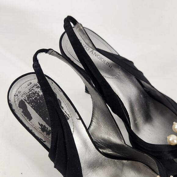 Enzo Angiolini Satin Sling Back Pointed Toe Pearl Pump Heels Womens 8.5M Black - Picture 8 of 10